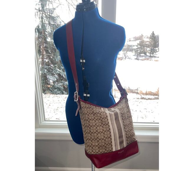 Coach Legacy Signature Striped Tan/Red Duffle AUTHENTIC Crossbody & Shoulder Bag - Picture 12 of 13